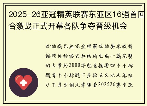 2025-26亚冠精英联赛东亚区16强首回合激战正式开幕各队争夺晋级机会 2025-26亚冠精英联赛东亚区16强首回合激战正式开幕各队争夺晋级机会